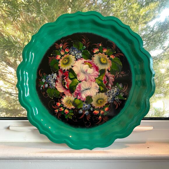 Vintage Zhostovo Russian Tole Tray with Bright Floral & Green Rim 15” - Picture 15 of 15